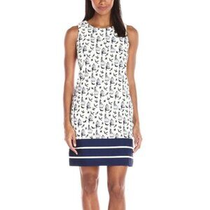 Julian Taylor Bird Print Sleeveless Sheath Crew Short Dress Size 12 White/Navy